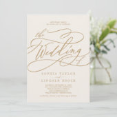 SOPHIA Gold Cream Elegant Fancy Script Wedding Kaart (Staand voorkant)