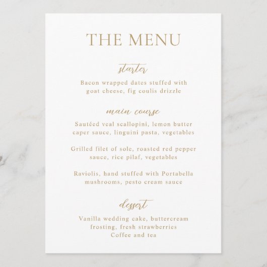 Sophia Gold Moderne bruiloft Menu (Voorkant)
