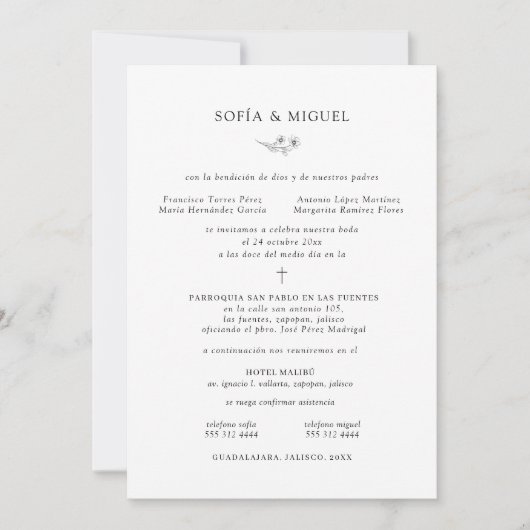 Sophia Invitación Boda catolica , Spaanse bruiloft Kaart (Voorkant)