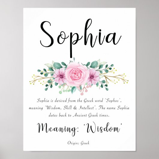 Sophia naam betekenis print met roze bloemen (Voorkant)
