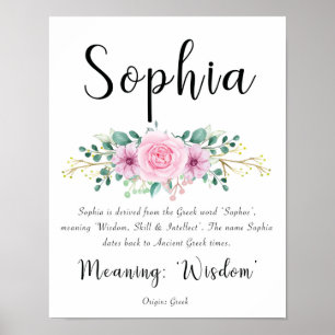 Sophia Name Betekenis afdrukken met roze bloemen Poster