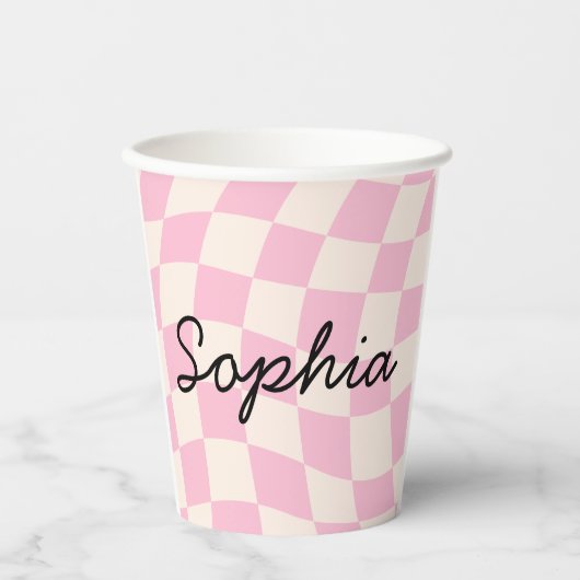 Sophia Name Custom Mug Cup Party Pink Check Grid Papieren Bekers (Voorkant)