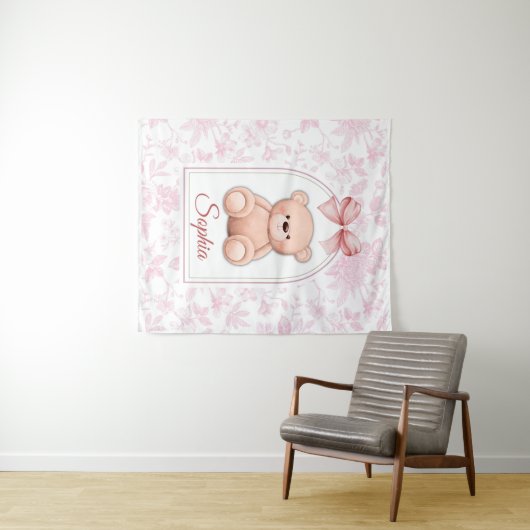 Sophia | Roze Teddybeer Kinderkamer Design op Maat Wandkleed (In Situ (horizontaal))