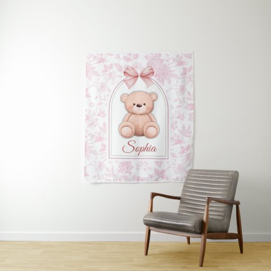 Sophia | Roze Teddybeer Kinderkamer Design op Maat Wandkleed (In situ)