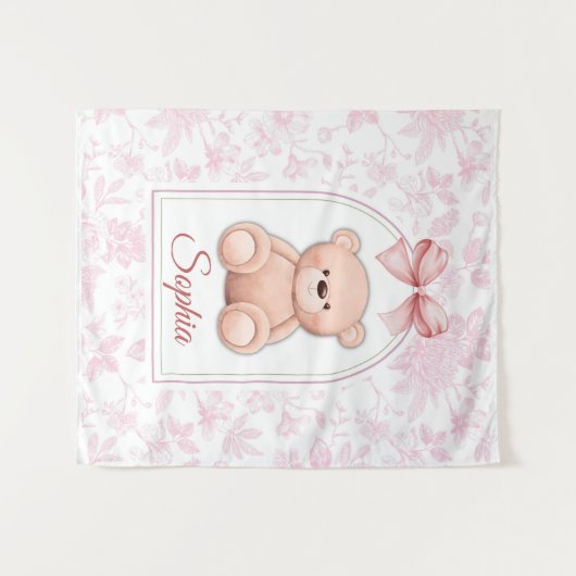 Sophia | Roze Teddybeer Kinderkamer Design op Maat Wandkleed (Voorkant (horizontaal))
