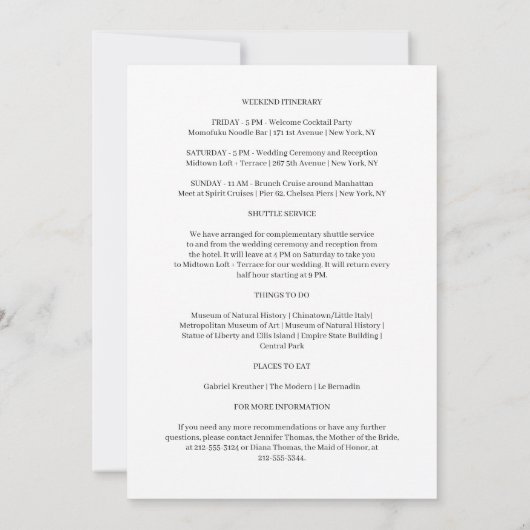 Sophia Simple Wedding Welcome Letter en Itinerary (Achterkant)
