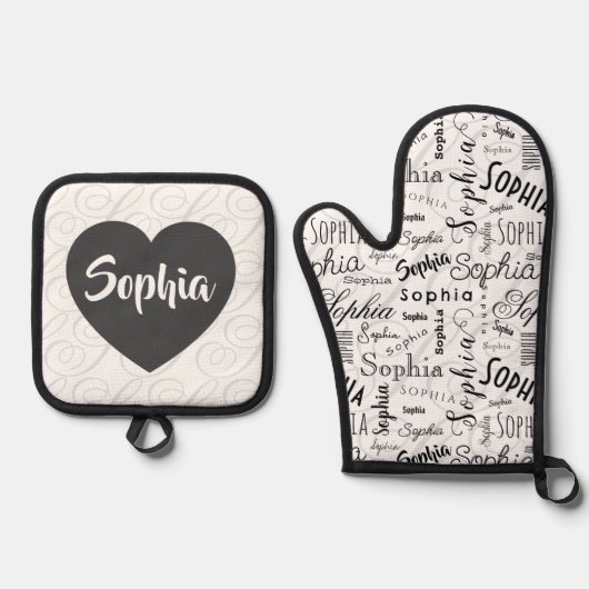 Sophia Typografie Zwart Wit Ovenwant & Pannenlap Set (Voorkant)