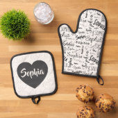 Sophia Typografie Zwart Wit Ovenwant & Pannenlap Set (Top down)