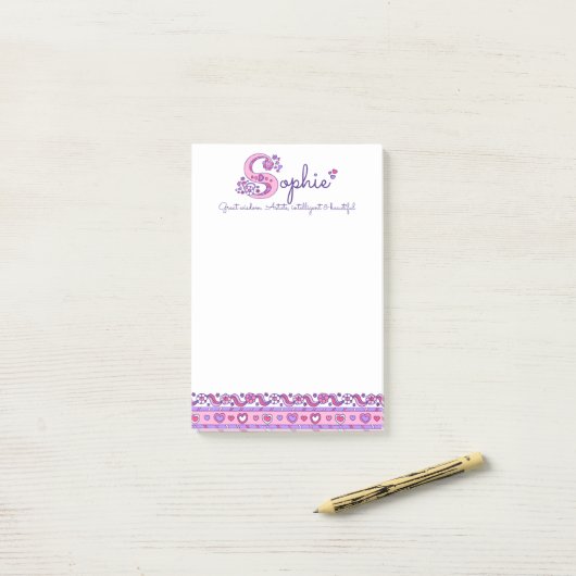 Sophie gepersonaliseerde S naam betekent post het  Post-it® Notes (Op bureau)