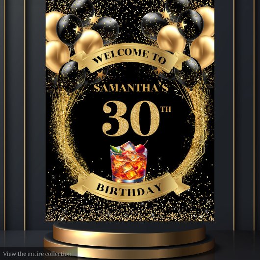Sophisticated 30th Birthday Black Gold Banner Wandkleed