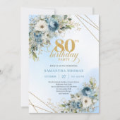 Sophisticated 80th Birthday Invite Dusty Blue Gold Kaart (Voorkant)