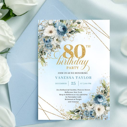 Sophisticated 80th Birthday Invite Dusty Blue Gold Kaart