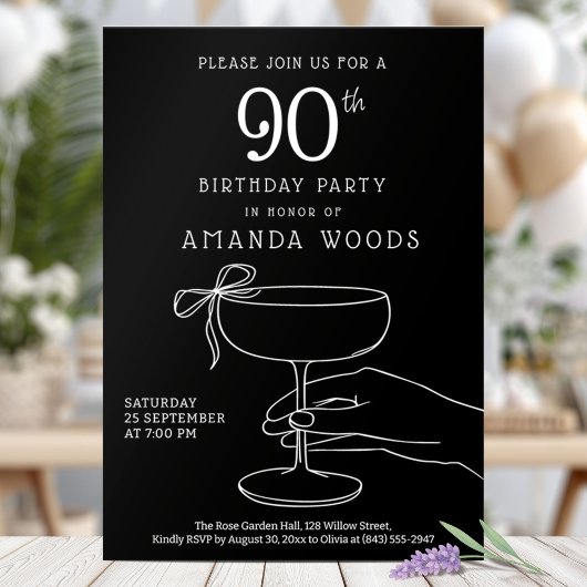 Sophisticated Black 90th Birthday Party Kaart