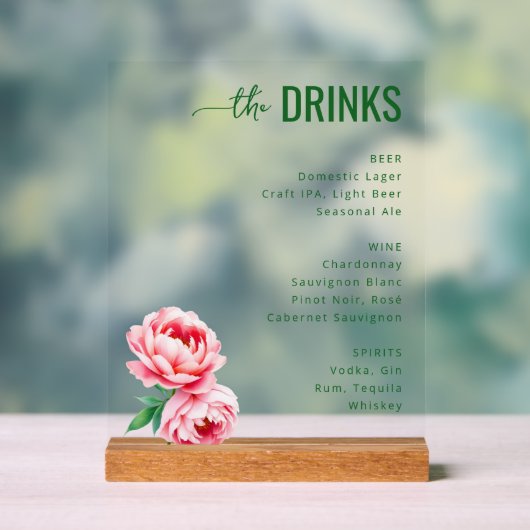 Sophisticated Black Floral Beverage Menu Acryl Bord (Neutraal)