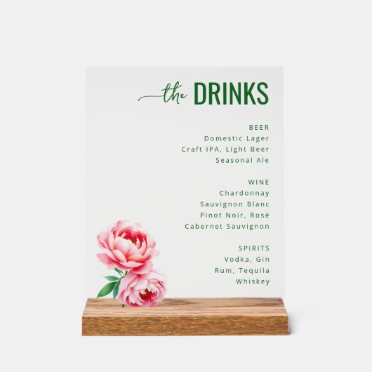 Sophisticated Black Floral Beverage Menu Acryl Bord (Voorkant)