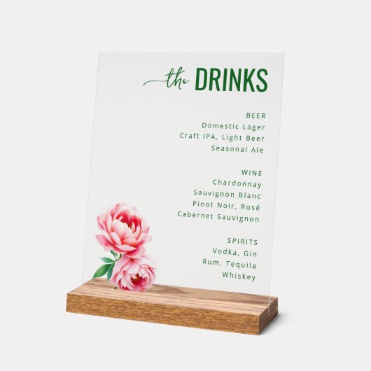 Sophisticated Black Floral Beverage Menu Acryl Bord (Hoek)