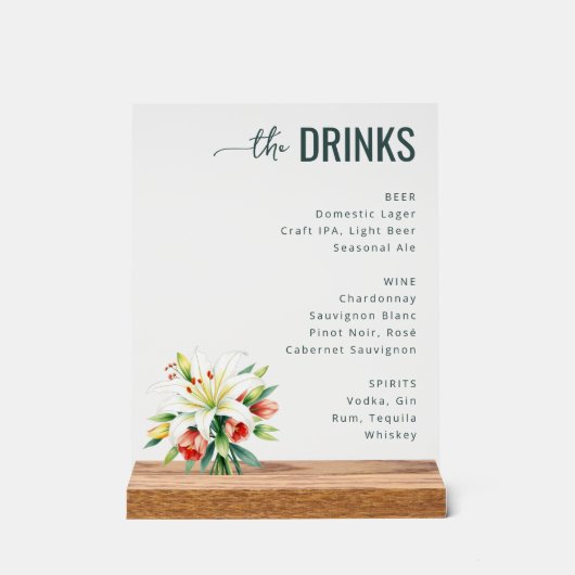 Sophisticated Black Floral Beverage Menu Acryl Bord (Voorkant)
