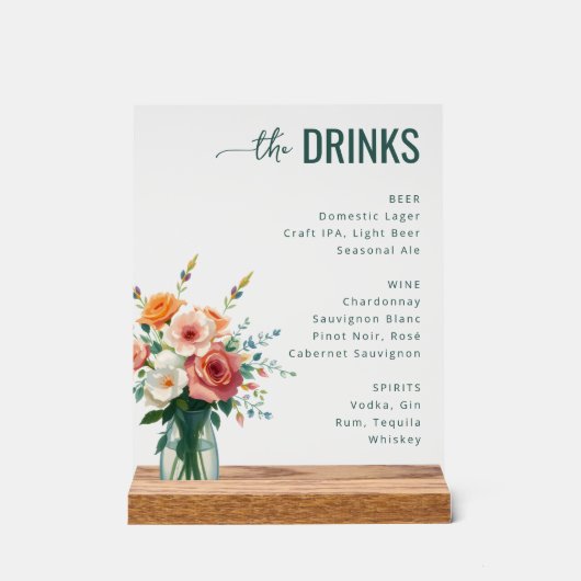 Sophisticated Black Floral Wine Menu Acryl Bord (Voorkant)