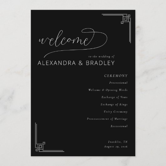 Sophisticated Black Geometric Wedding Ceremony Programmakaart (Voorkant)