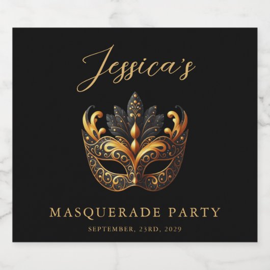 Sophisticated Black & Gold Masquerade Celebration Sparkling Wijnetiket (Enkel label)