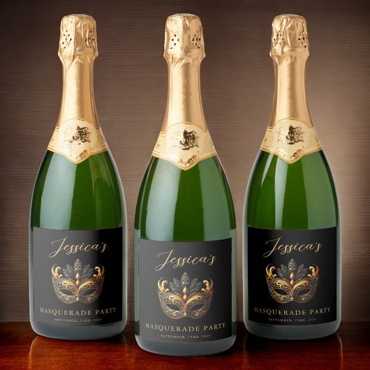 Sophisticated Black & Gold Masquerade Celebration Sparkling Wijnetiket