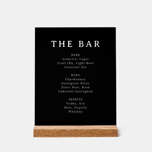 Sophisticated Black Minimalist Bar Menu Sign Acryl Bord (Voorkant)