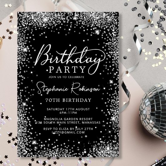 Sophisticated Black Silver Glitter 70e verjaardag Kaart