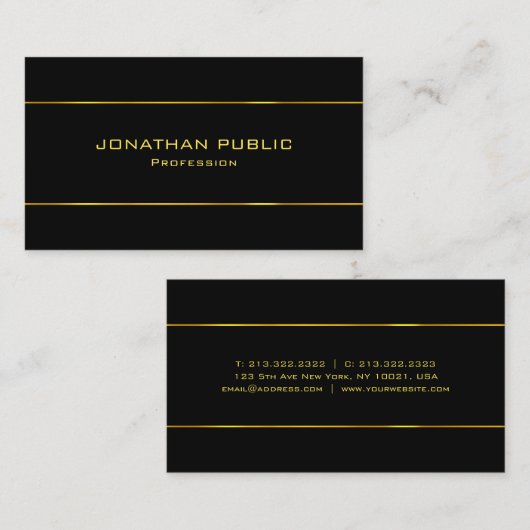 Sophisticated Black Sjabloon Gold Text Modern Visitekaartje (Voorkant / Achterkant)