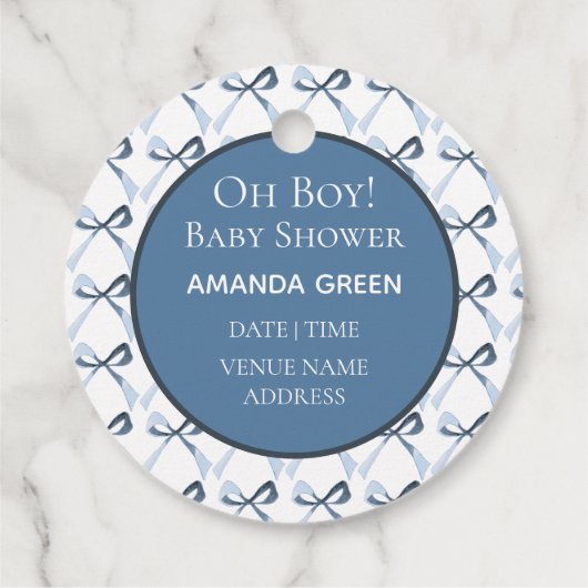 Sophisticated Blue Bow Pattern Boy Baby shower Bedankjes Labels (Achterkant)