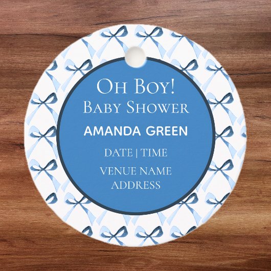 Sophisticated Blue Bow Pattern Boy Baby shower Bedankjes Labels