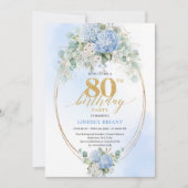 Sophisticated Blue Floral 80th Birthday Invitation Kaart (Voorkant)