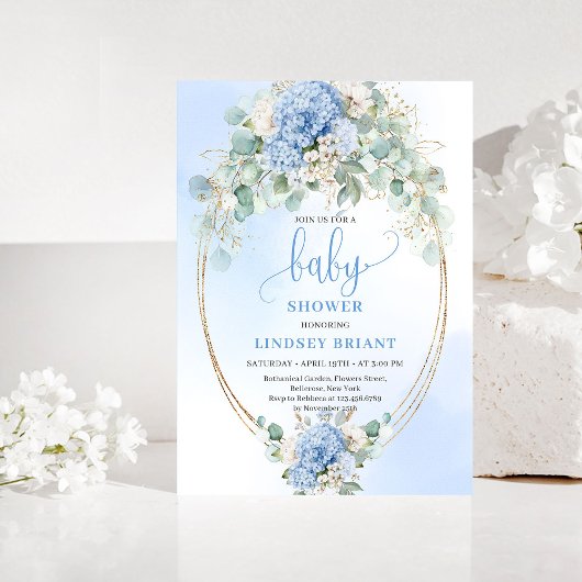 Sophisticated Blue Floral Baby Shower Invitation Kaart