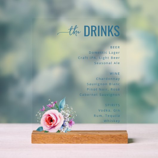 Sophisticated Blue Floral Beverage Menu Acryl Bord (Neutraal)
