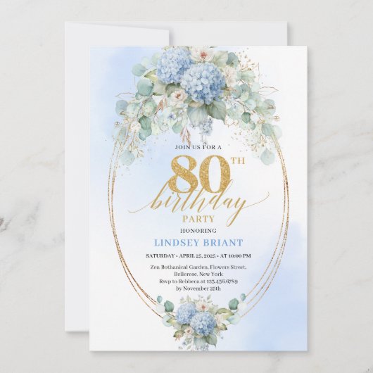Sophisticated Blue Hydrangea Botanical 80 Birthday Kaart (Voorkant)