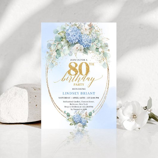 Sophisticated Blue Hydrangea Floral 80th Birthday Kaart