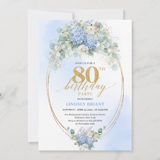 Sophisticated Blue Hydrangea Floral 80th Birthday  Kaart (Voorkant)
