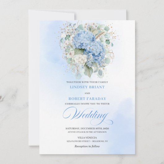 Sophisticated Blue Hydrangea Gold Wedding Invite Kaart (Voorkant)