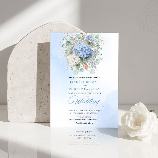 Sophisticated Blue Hydrangea Gold Wedding Invite Kaart