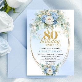 Sophisticated Blue Peonies Eucalyptus 80 Birthday Kaart