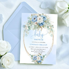 Sophisticated Blue Peonies Eucalyptus Gold Baby  Kaart
