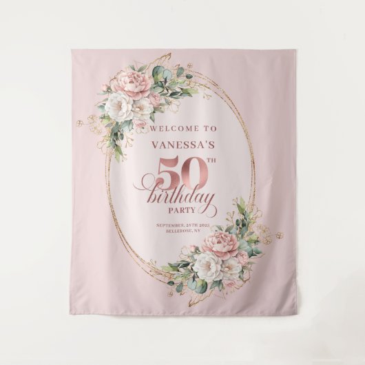 Sophisticated Blush Floral 50th Birthday Backdrop Wandkleed (Voorkant)