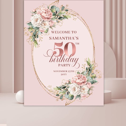 Sophisticated Blush Floral 50th Birthday Backdrop Wandkleed