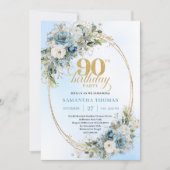 Sophisticated Bohemian Blue Floral Gold 90th Bday Kaart (Voorkant)