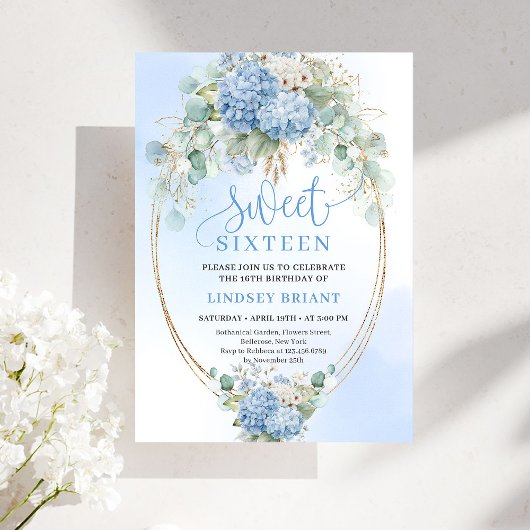 Sophisticated Bohemian Blue Floral Gold Sweet 16 Kaart