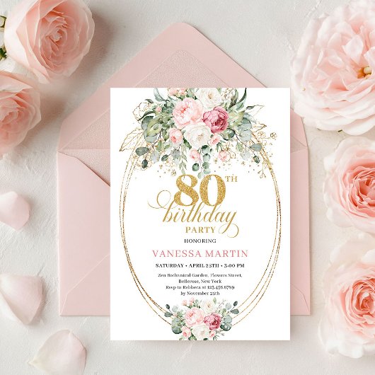 Sophisticated Bohemian Blush Roses 80th Birthday Kaart