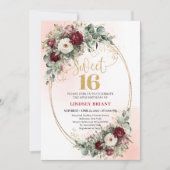 Sophisticated Bohemian Maroon Floral Gold Sweet 16 Kaart (Voorkant)