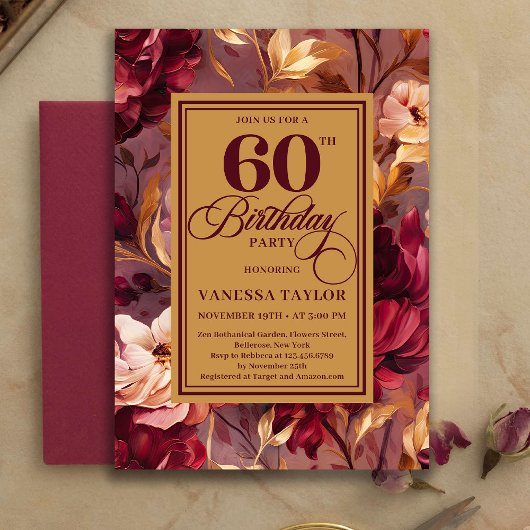 Sophisticated Boho 60th Birthday Maroon Blush Gold Kaart