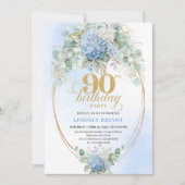 Sophisticated Boho Blue Floral Gold 90th Birthday Kaart (Voorkant)