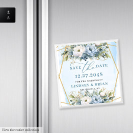 Sophisticated Boho Blue Peonies Gold Save The Date Magneet
