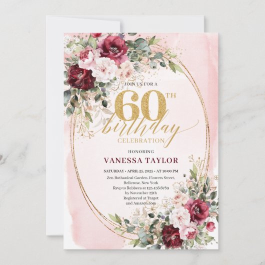 Sophisticated Boho Blush Gold 60th Birthday Invite Kaart (Voorkant)